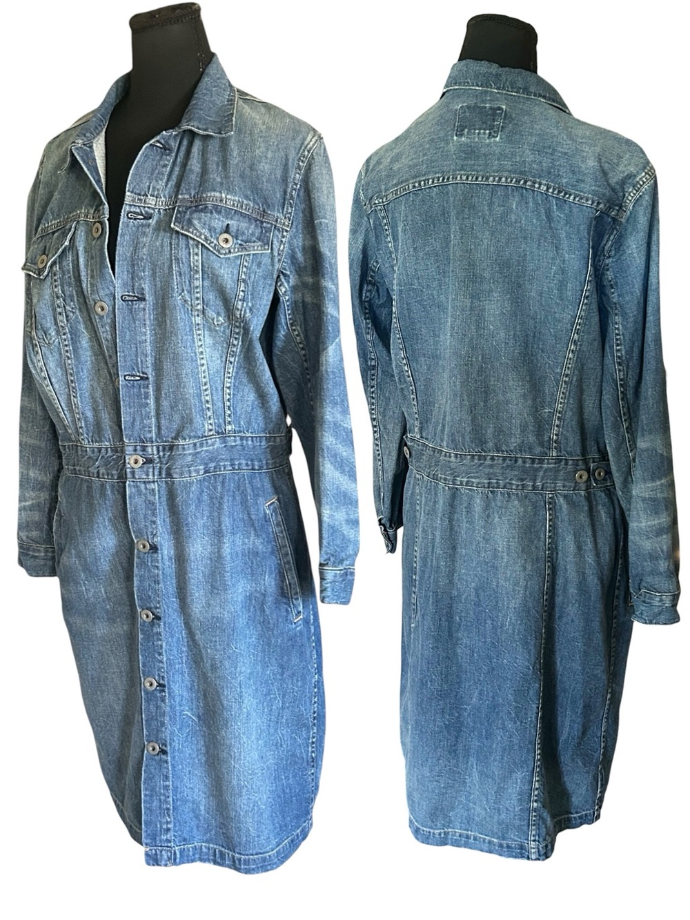 Vintage Authentic Ralph Lauren Polo Denim Button-Front Long Jacket Dress - Blue